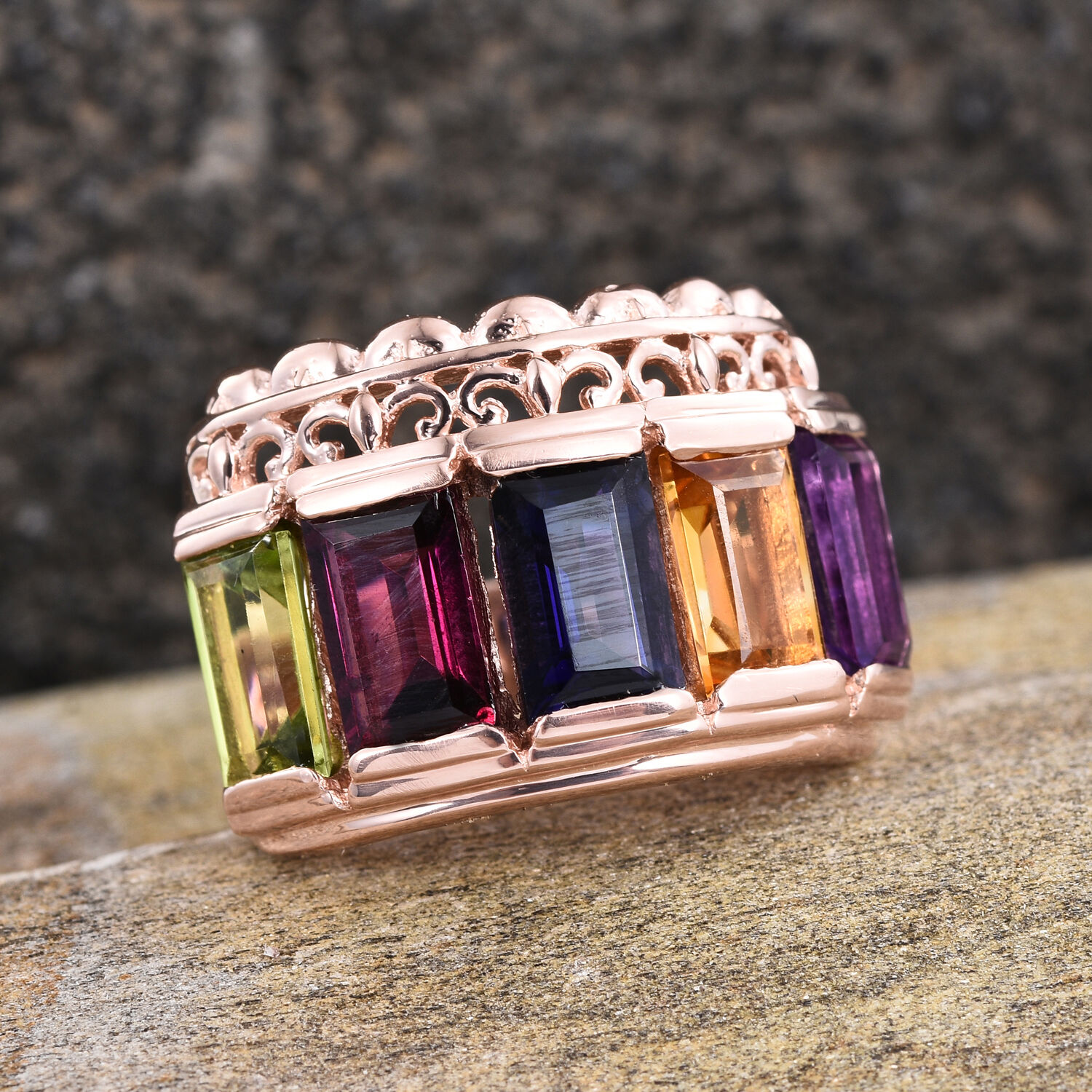 Stefy Rhodolite Garnet (Bgt), Citrine, Hebei Peridot, Iolite, Amethyst and Pink Sapphire Ring in Rose Gold Overlay Sterling Silver 5.020 Ct.
