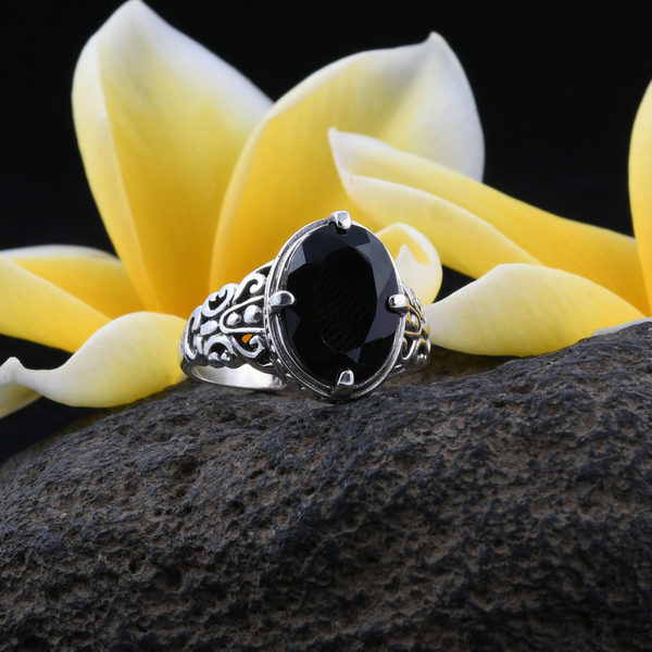 Royal Bali Collection Bio Ploi Black Spinel (Ovl) Filigree Hand Made  Ring in Sterling Silver 7.410 Ct