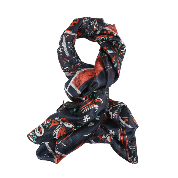 LA MAREY Pure 100% Mulberry Silk Floral Pattern Scarf  (Size 180x110cm) - Navy, Red and Multi