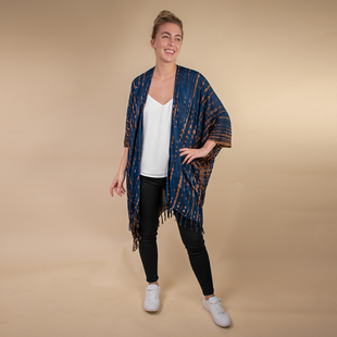 TAMSY 100% Rayon Printed Kimono, One Size  ( Fits 8-20 ) Navy & Brown