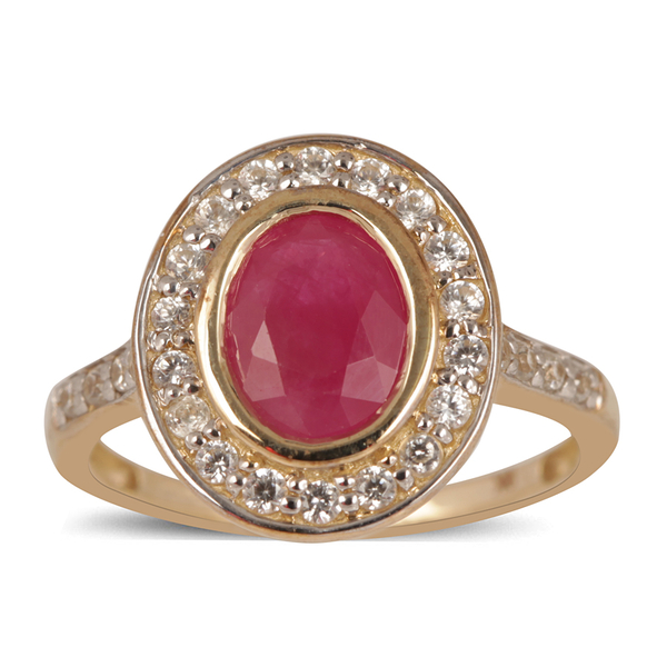9K Y Gold Ruby (Ovl 1.50 Ct), Natural Cambodian White Zircon Ring 2.000 Ct.