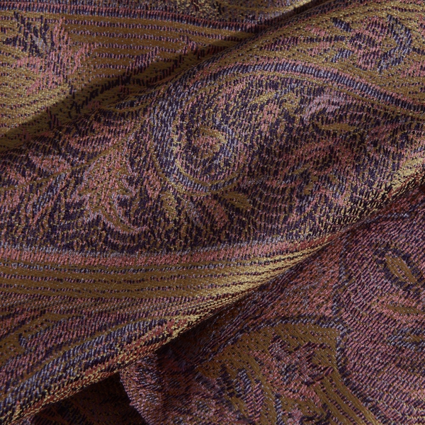 SILK MARK - 100% Superfine Silk Purple Wine and Multi Colour Paisley and Floral Pattern Jacquard Jamawar Scarf with Tassels (Size 160X35 Cm)