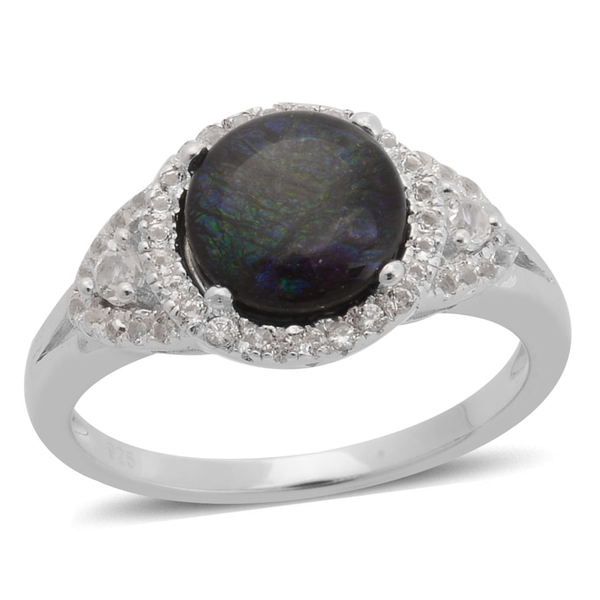 Canadian Ammolite (Rnd 1.75 Ct), White Topaz Ring in Rhodium Plated Sterling Silver 2.330 Ct.