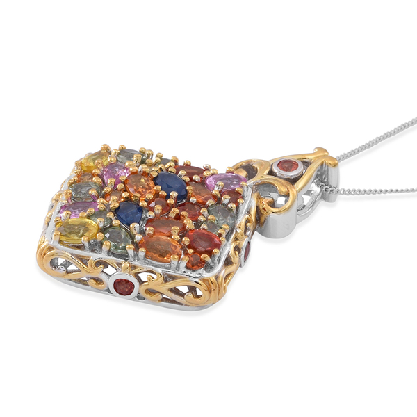 Madagascar Blue Sapphire (Ovl), Green, Orange, Pink, Yellow and Sunset Sapphire, Blue Sandstone Pendant With Chain in Rhodium Plated Sterling Silver 5.620 Ct.