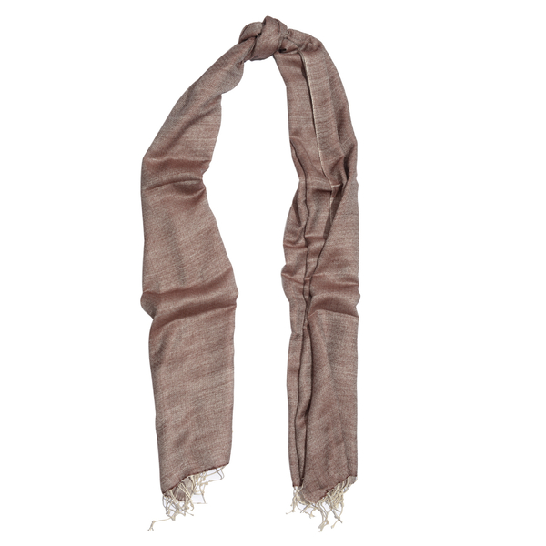 Mulberry Silk, Merino Wool Blend (50%) Handloom Chocolate and Silver Colour Reversible Motif Scarf (Size 190x70 Cm)