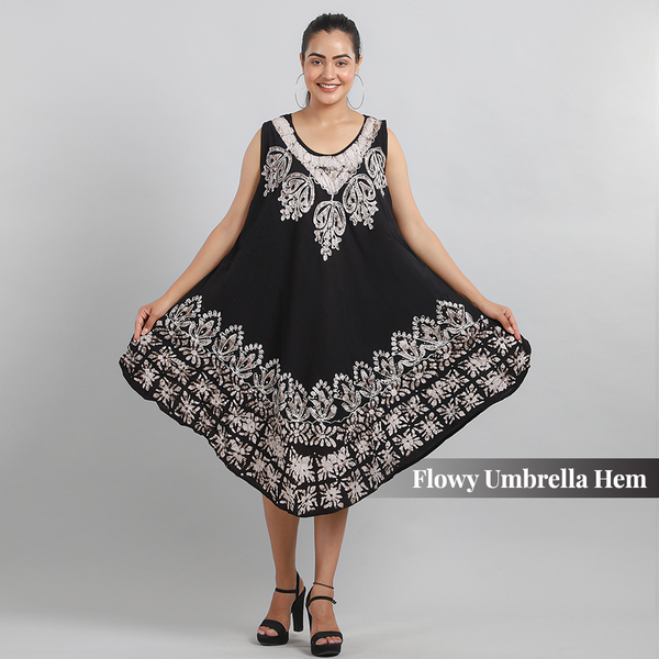Viscose Crepe Umbrella Dress Embellished with Batik and Embroidery (Size 120x105 Cm) - Black & Grey