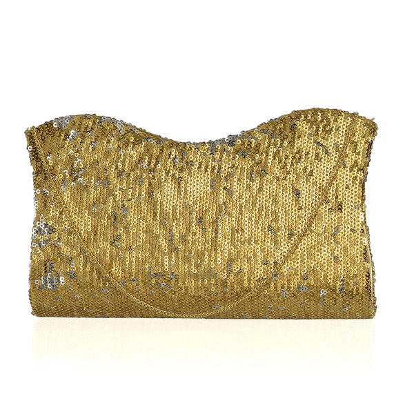 Golden Colour Satin Clutch Bag with Golden Sequins and Chain Strap (Size 21x10 Cm)