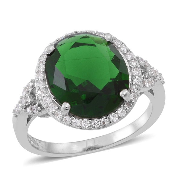 ELANZA AAA Simulated Green Tourmaline (Ovl), Simulated White Diamond Ring in Rhodium Plated Sterling