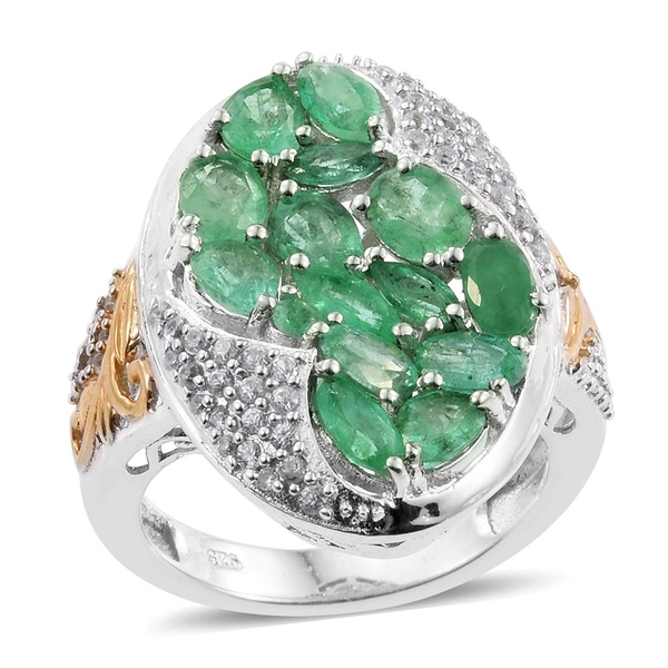 4 Carat Zambian Emerald and Cambodian Zircon Cluster Ring in Gold Plated Sterling Silver 6.5 Grams