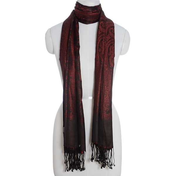 100% Superfine Silk Dark Red Colour Jacquard Jamawar Shawl with Fringes (Size 185x70 Cm) (Weight 125 - 140 Grams)