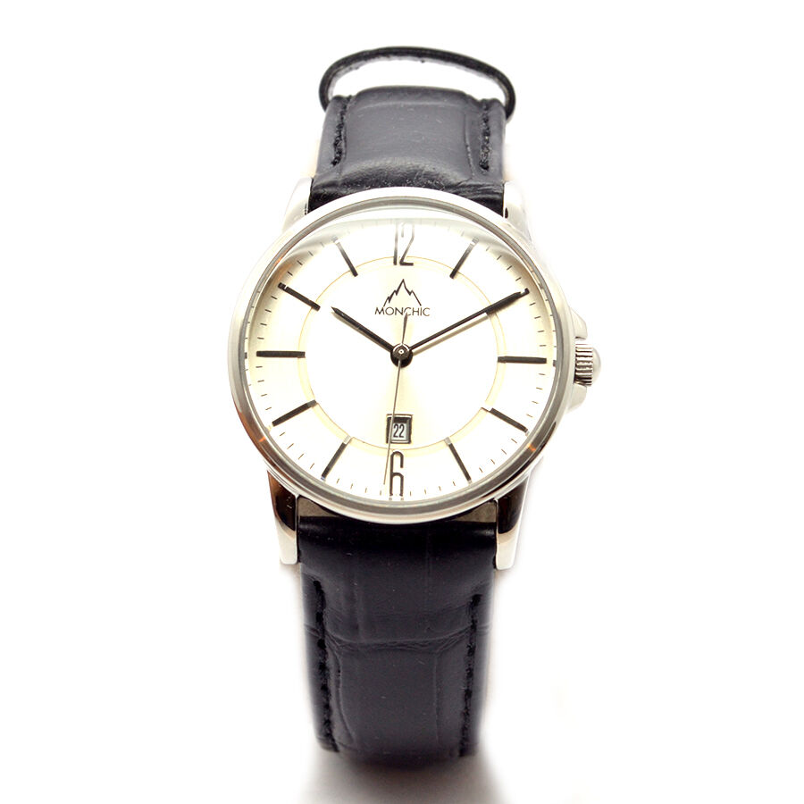 MONCHIC Japanese Movement White Dial Ladies Slimline Watch in Silvertone With Black Leather Starp