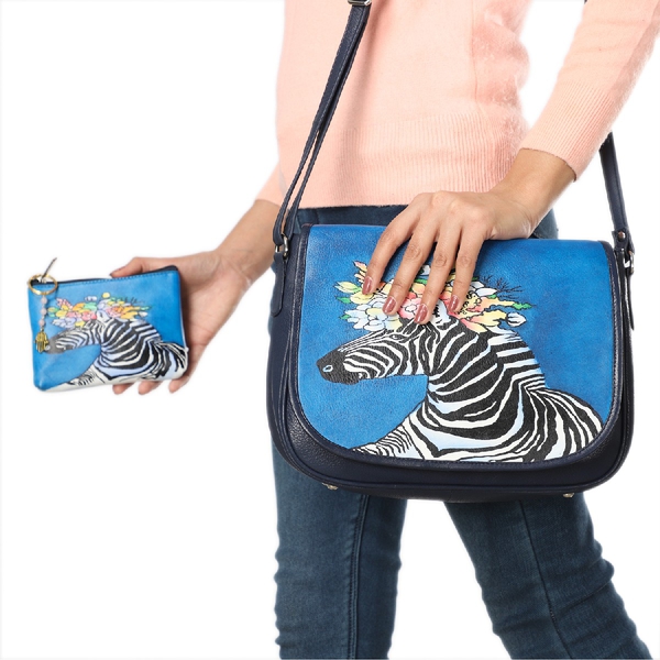 Set of 3 - Genuine Leather Crossbody Zebra Pattern Bag with Matching Coin Pouch and Gemstone Key Charm - Navy