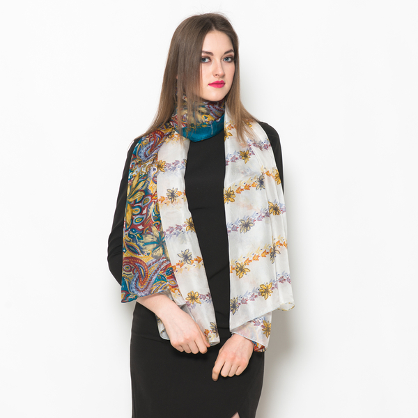 100% Mulberry Silk Multi Colour Floral, Leaves and Paisley Printed White Colour Scarf with Blue Boun