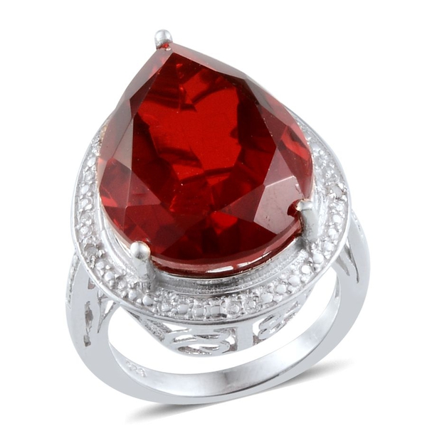 Ruby Quartz (Pear 15.50 Ct), Diamond Ring in Platinum Overlay Sterling Silver 15.520 Ct.