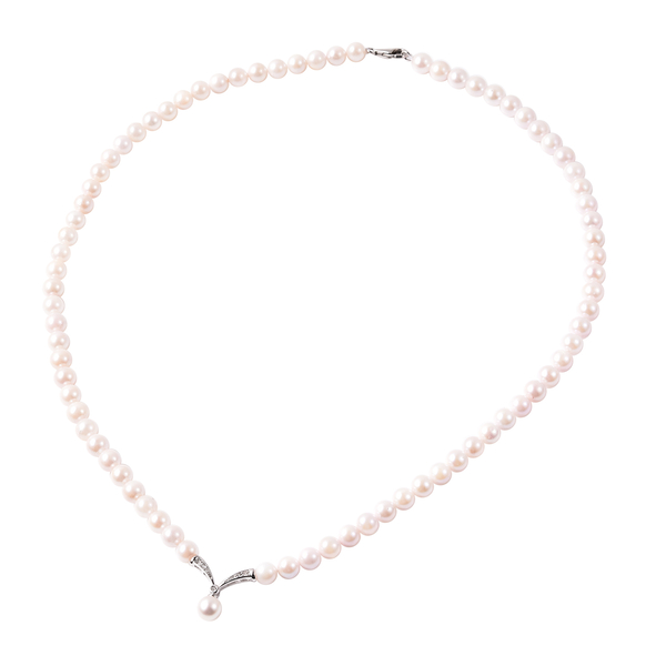 Designer Inspired 9K White Gold Japanese Akoya Pearl and Natural Cambodian Zircon Necklace (Size 20)