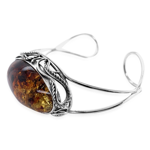 Natural Bi-Colour Baltic Amber Cuff Bangle (Size 8) in Sterling Silver, Silver wt 18.54 Gms