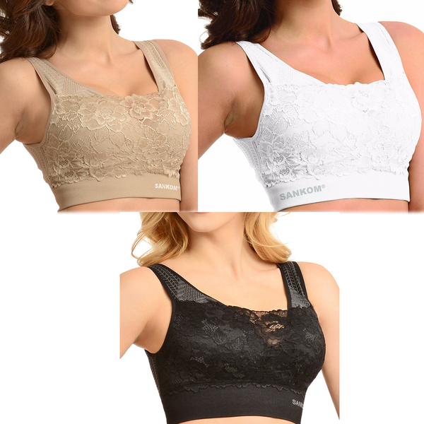 3 Piece Set - SANKOM SWITZERLAND Patent Classic with Lace Bra  (Size M/L, 12-14) Including White, Beige and Black