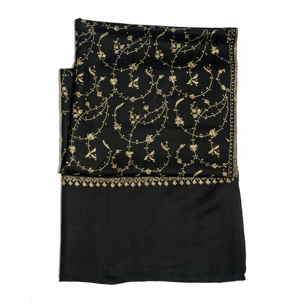 100% Merino Wool Cream Colour Flowers Embroidered Black Colour Scarf (Size 200x70 Cm)