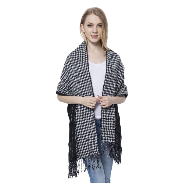 Close Out Deal- Black and White Colour Houndstooth and Stripes Pattern Reversible Scarf with Tassels