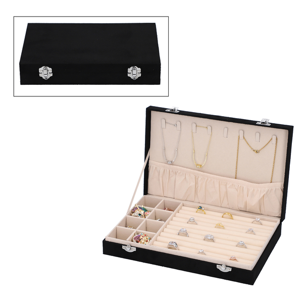 Velvet Jewelry box with lock top 8 hooks pocket base left 8 sections10 Ring Rows Inside Anti Tarnish lining - Black