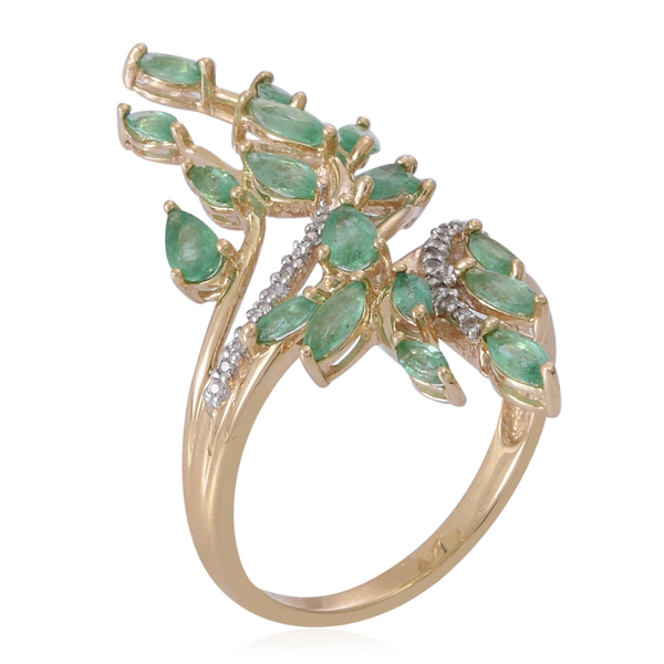 9K Yellow Gold AAA Kagem Zambian Emerald (Pear), Natural White Cambodian Zircon Leaves Crossover Ring 2.500 Ct.