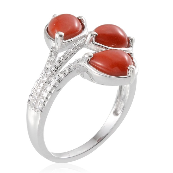 Natural Mediterranean Coral (Pear), Diamond Ring in Platinum Overlay Sterling Silver
