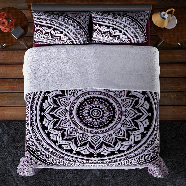 Set of 3 - Microflannel Mandala Printed Comforter in King Size with Sherpa Lining with 2 Sherpa Pillowcases - Maroon and Multi Colour - (230cm x 250cm)