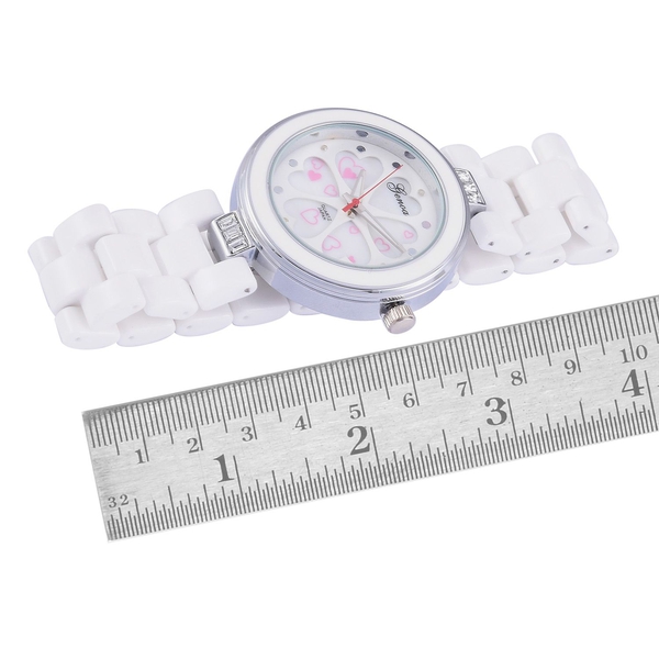 Diamond studded GENOA White Ceramic Japenese Movement White MOP Floral Dial Water Resistant Watch in Silver Tone with Stainless Steel Back and White Austrian Crystal