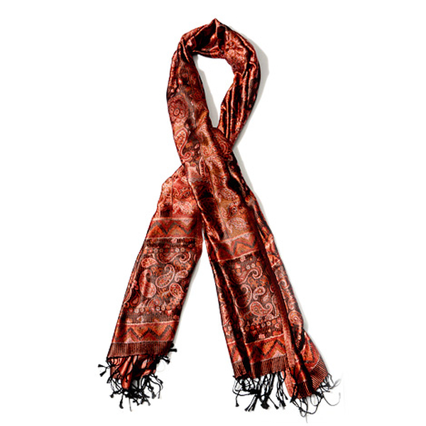 100% Superfine Silk Red and Black Colour Paisley Pattern Jacquard Jamawar Scarf with Fringes (Size 1