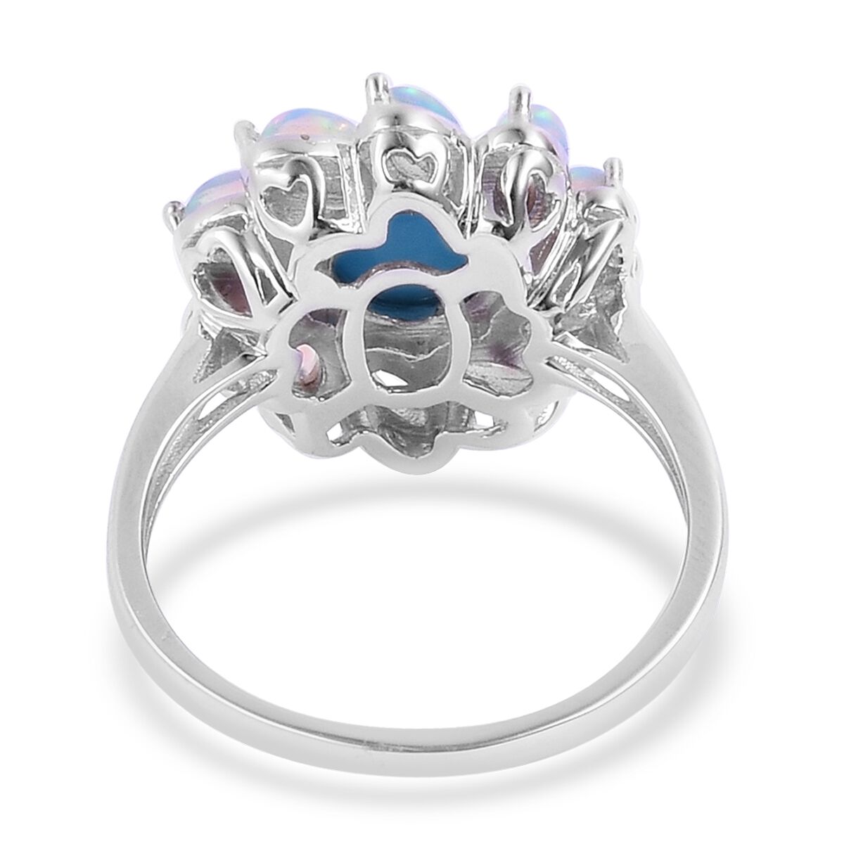 Arizona Sleeping Beauty Turquoise (Rnd 1.50 Ct), Ethiopian Welo Opal Flower Ring in Rhodium Plated Sterling Silver 3.250 Ct. Silver wt 5.40 Gms.
