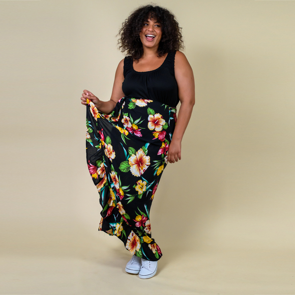 TAMSY 100% Rayon Hibiscus Floral Printed Wrap Skirt One Size Curve (Fits 18-26 ) - Black & Multi
