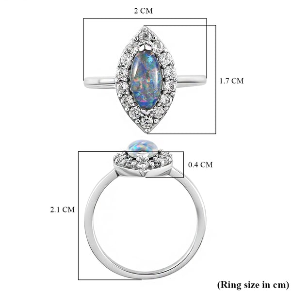 Australian Boulder Opal Triplet and Natural Cambodian Zircon Ring in Platinum Overlay  Sterling Silver 1.60 Ct.