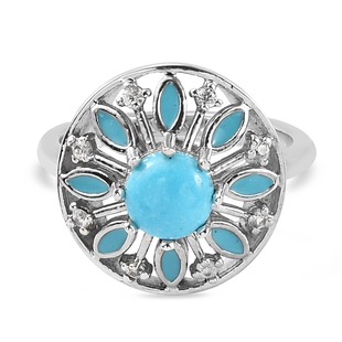 Arizona Sleeping Beauty Turquoise and Natural Cambodian Zircon Enamelled Ring in Platinum Overlay St