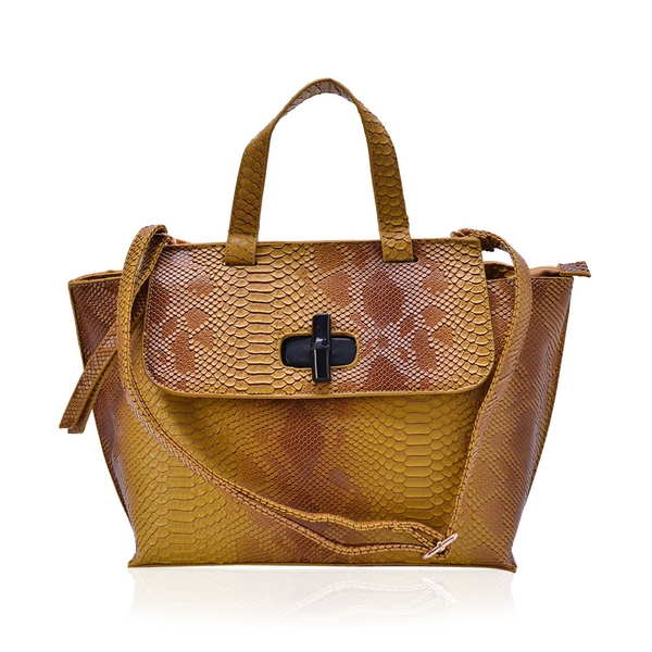 Bamboo Collection Yellow and Multi Colour Snake Embossed Tote Bag with External Zipper Pocket and Ad