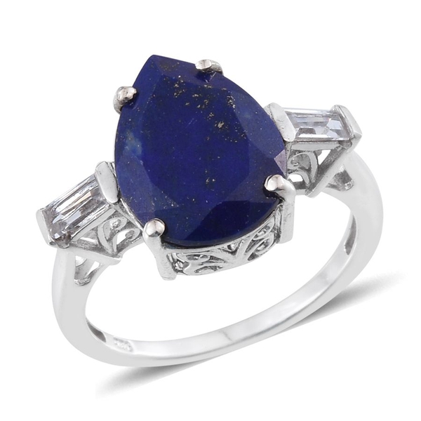 Lapis Lazuli (Pear 7.00 Ct), White Topaz Ring in Platinum Overlay Sterling Silver 7.500 Ct.