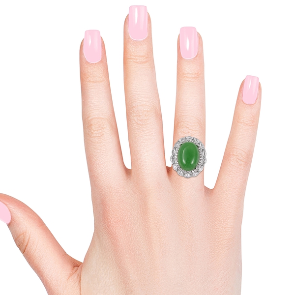 Green Jade (Ovl 11.50 Ct), White Topaz Ring in Rhodium Overlay Sterling Silver 13.05 Ct