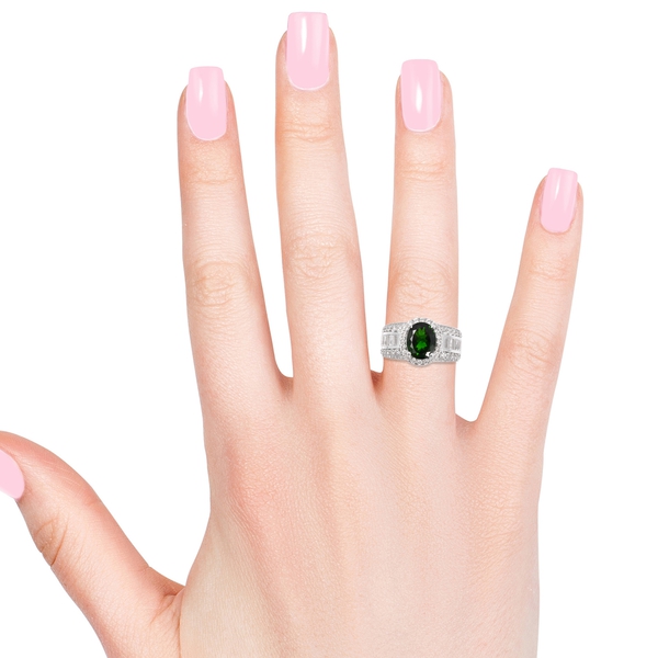 Collectors Edition Chrome Diopside (Ovl 10x8mm), Natural White Cambodian Zircon Ring in Rhodium Overlay Sterling Silver 4.605 Ct, Silver wt 5.72 Gms.