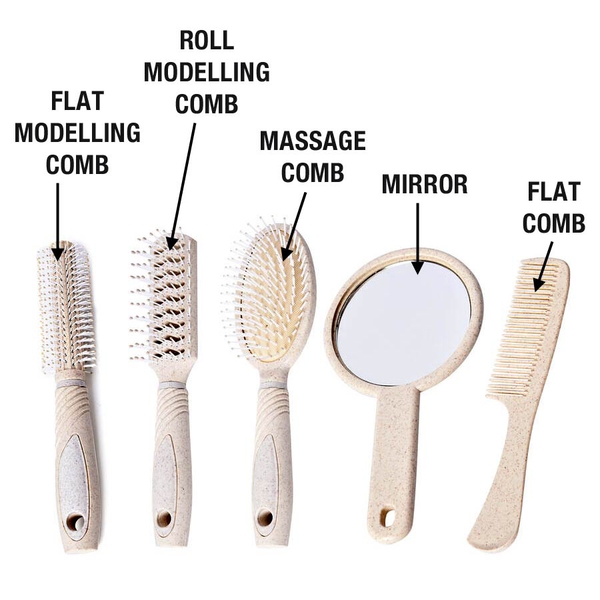 5 Piece Set - Hair Brushes (includes 1 Flat Comb, 1 Flat Modelling Brush, 1 Roll Modelling Brush, 1 Massage Comb) and 1 Mirror - Cream