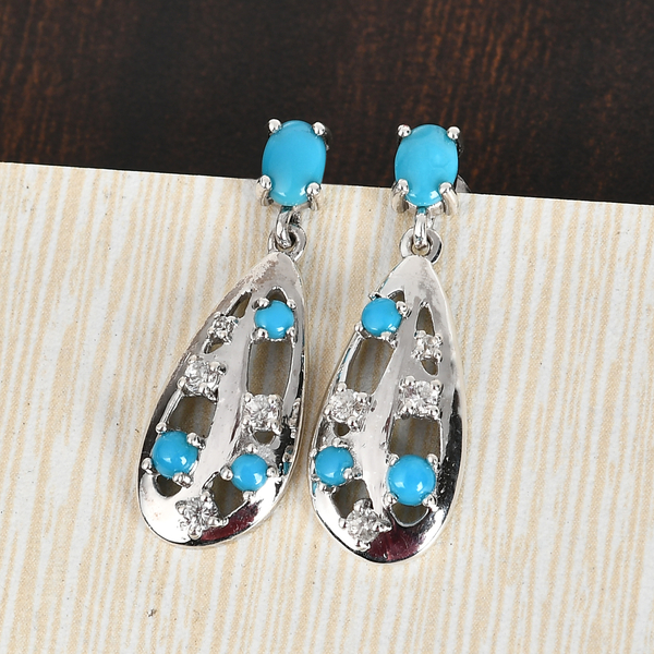 Arizona Sleeping Beauty Turquoise and Natural Cambodian Zircon Dangling Earrings (with Push Back) in Platinum Overlay Sterling Silver 1.81 Ct.