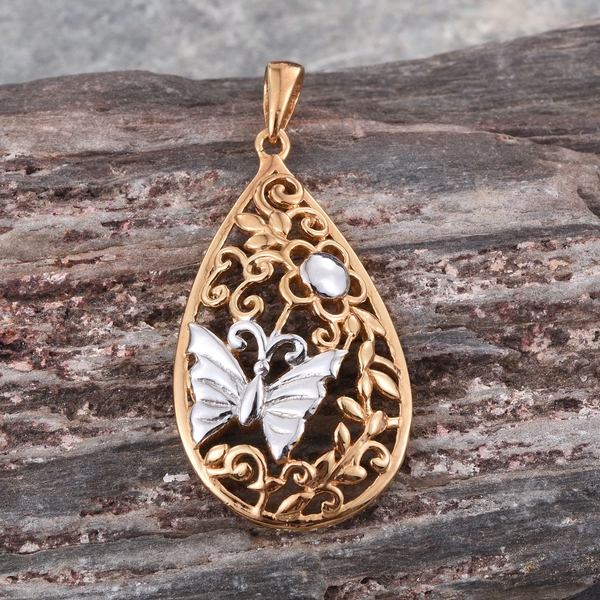 Yellow Gold and Platinum Overlay Sterling Silver Butterfly Pendant, Silver wt 4.50 Gms.