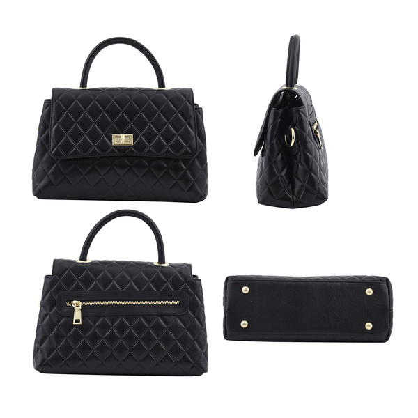 LA MAREY 100% Genuine Leather Diamond Pattern Convertible Bag with Detachable Strap (Size 26x16x10 Cm) - Black