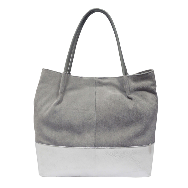 Assots London Donna Genuine Suede Leather Slouchy Metallic Shopper Bag Size 38x38x13cm - Grey and Silver