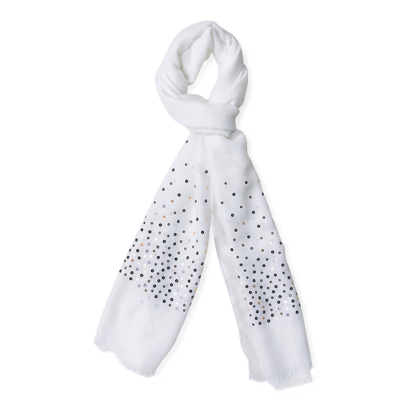 Black and Golden Sequins Embellished White Colour Scarf with Fringes (Size 180X70 Cm)