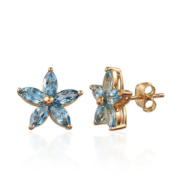 Electric Swiss Blue Topaz (Mrq) Floral Stud Earrings (with Push Back) in 14K Gold Overlay Sterling S