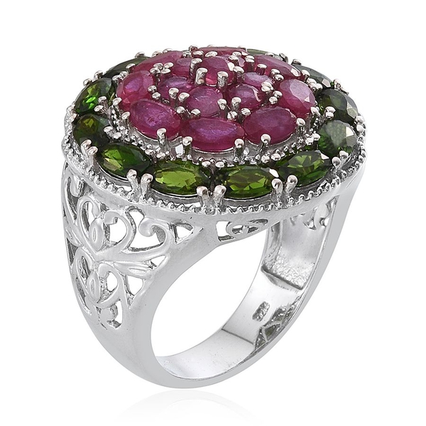 African Ruby (Rnd), Chrome Diopside Floral Ring in Platinum Overlay Sterling Silver 6.250 Ct.