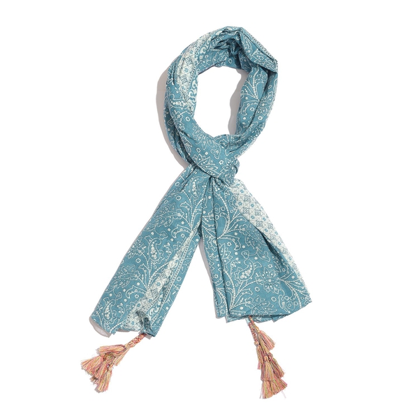 Designer Inspired - 100% Cotton Blue and White Colour Printed Scarf with Tassels (Size 200X180 Cm)