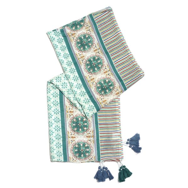 Designer Inspired - 100% Cotton Teal, White and Multi Colour Printed Scarf with Tassels (Size 200x180 Cm)