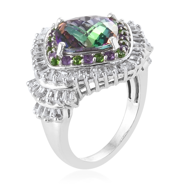 Mystic Green Topaz (Cush 4.50 Ct), White Topaz, Chrome Diopside Ring in Platinum Overlay Sterling Silver 6.250 Ct.