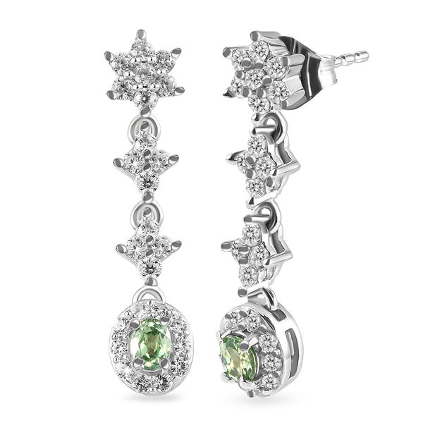 Demantoid Garnet and Natural Cambodian Zircon Dangling Earrings (With Push Back) in Platinum Overlay Sterling Silver 1.75 Ct.