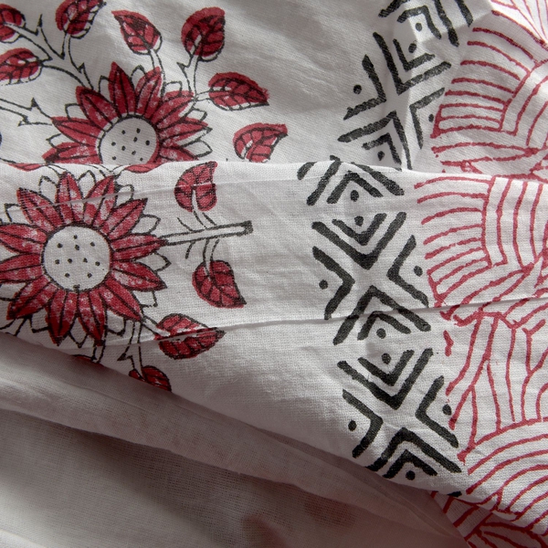 New Season-100% Cotton Red, Black and White Colour Hand Block Floral Printed Kaftan with Tassels (Free Size)